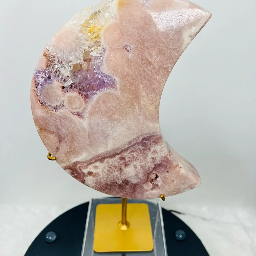 Pink amethyst druzy Moon with Gold Quartz Crystal - Picture 7 of 9